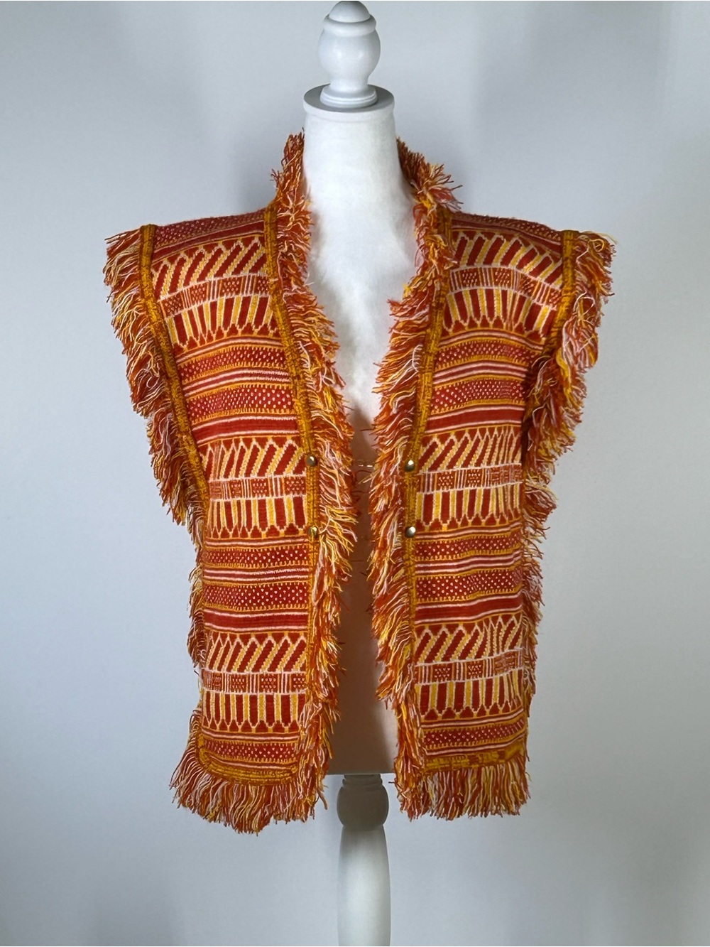 Vtg 70s Justin Charles Boho Fringe Geometric Knit Sweater Vest Orlon AcrylicXS/S